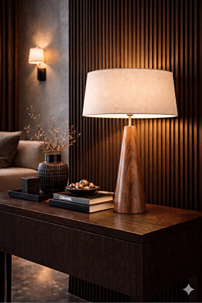 Vinner Belfort Luxury Ceviz Renk Ahşap Abajur – Keten Şapkalı Modern Masa Lam...