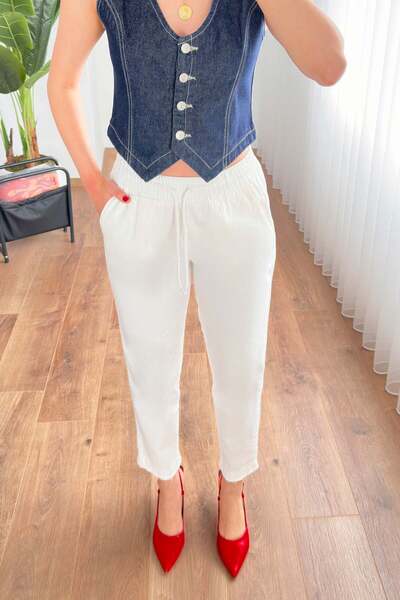 Hipo Trend Ecru Trousers with Leg Detail, Pockets, and Waist Tie