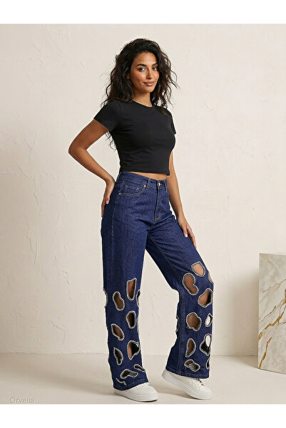 Orvelia Kristal Çerçeveli Pencere Detaylı Geniş Paça Denim Pantolon Eclipse