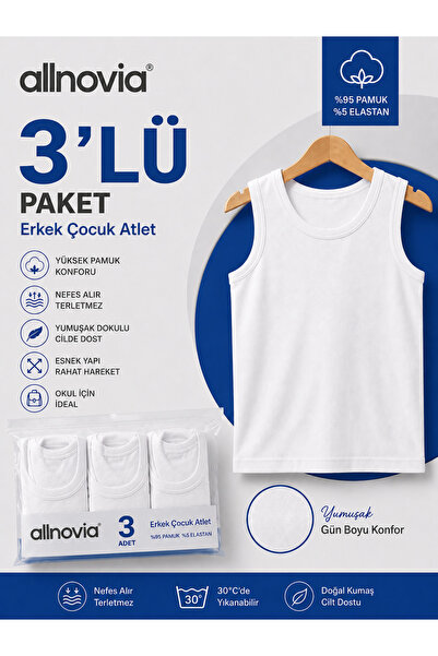 allnovia Erkek Çocuk Atlet 3'lü | Beyaz | Battal Boy %95 Pamuk Esnek Kumaş | ...