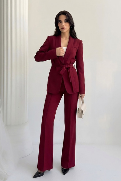Potenza Women's Jacket Pants Set Belted Buttoned Blazer Jacket Wide Leg High ...