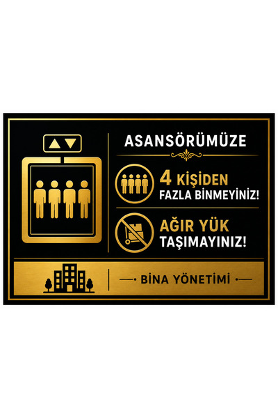 LucitART Lüks Gold Serisi Asansör Kullanım Talimatı Uyarı Levhası - Yük ve Ki...