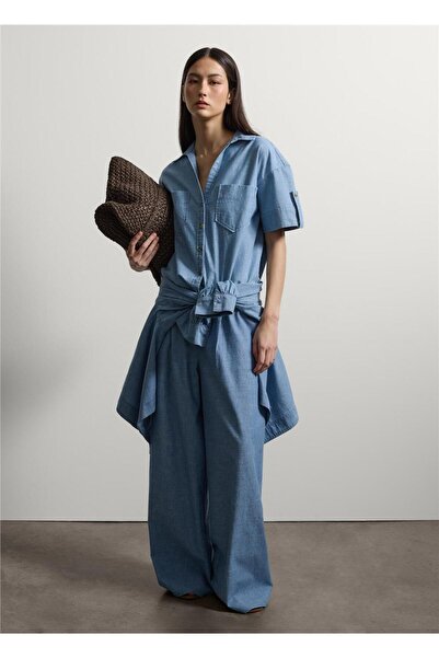 Stefanel Açık Mavi Pamuk Denim Oversize Gömlek