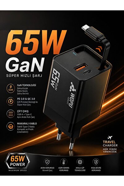 Powerfox with Wopu 65W GaN Süper Hızlı Şarj Aleti Makaralı Type-C Kablolu PD ...