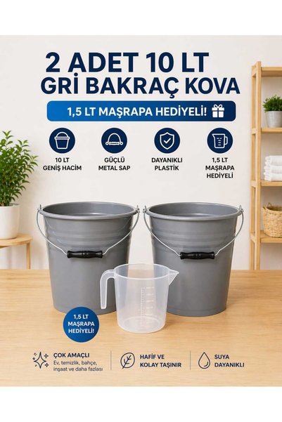 biedda 2 Adet 10 LT Antrasit-Gri Bakraç Kova Metal Saplı Plastik Kova 1,5 LT Maşrapa Hediyeli