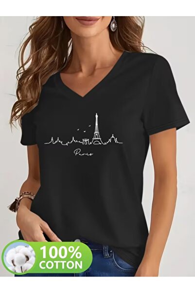puolikuu Tricou cu decolteu în V, confortabil, cu imprimeu mixt, pentru femei