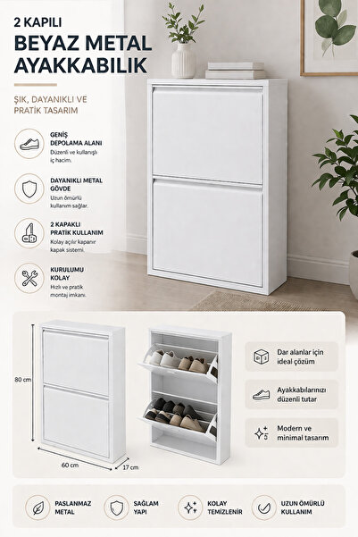 EVİTAÇ MOBİLYA 2 Kapaklı Metal Ayakkabılık - Ultra İnce Modern Antre Organize...