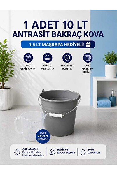 biedda 10 LT Antrasit-Gri Bakraç Kova Metal Saplı Plastik Kova 1,5 LT Maşrapa Hediyeli