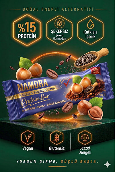 Mamora PROTEİN Bar Fındık, Chia & Kakao 30 Gr 1 ADET - Vegan, Glutensiz, ilav...
