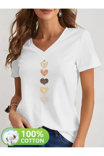 puolikuu Tricou cu decolteu în V, confortabil, cu imprimeu mixt, pentru femei