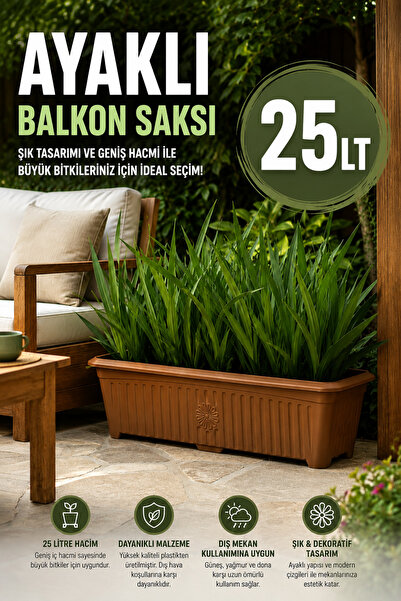 Binbirreyon Ayaklı Dış Mekan Uzun Saksı 25lt Plastik Saksı 22x25x70cm AH226