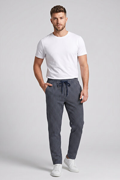 OBJE Men's Navy Blue Striped Printed Combed Cotton Modal Pajama Bottoms