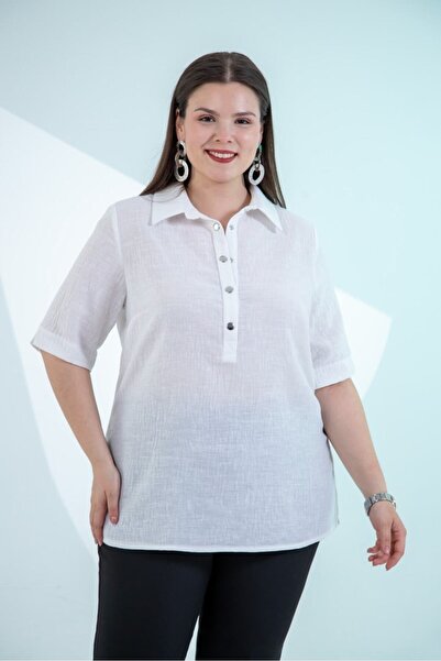 Roxxlen Women's Plus Size Collar Snap Blouse