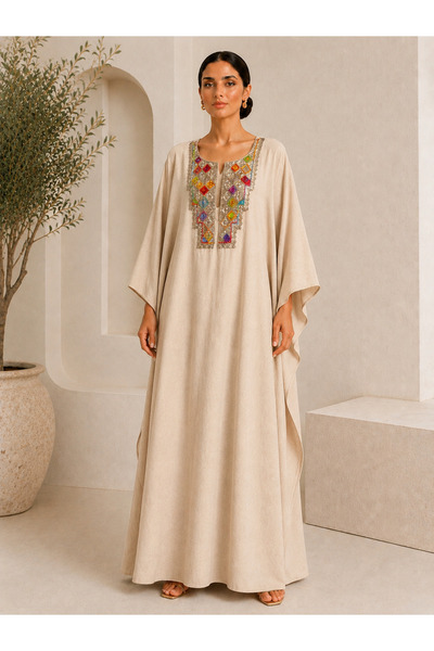 Marever Fashion Bej Taş İşlemeli Premium Keten Kaftan Elbise – Oversize Maxi ...