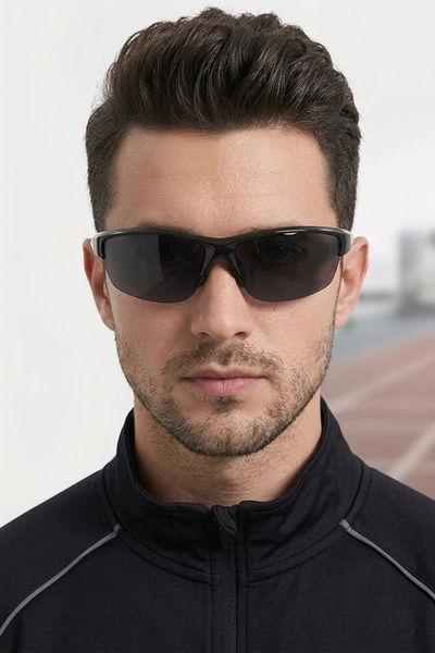 Di Caprio Shiny Black Oval Half Frame Polarized Glass Men's Sunglasses