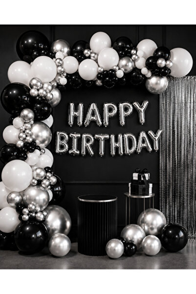 Aspak Happy Birthday Folyo Set Siyah Beyaz Gümüş Balon Parti Doğum Günü Süsle...