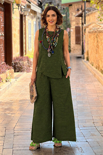 Nevin Kaya Moda Sicily Green Frayed Pants Blouse Double Set