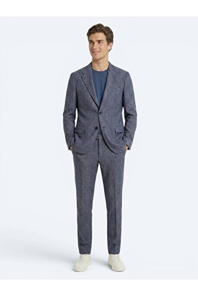Kip Blue Patterned Modern Fit Linen Blend Suit