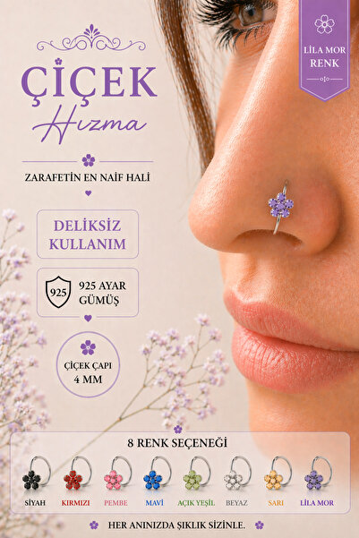 Sacce Scarves&Accessories 925 Ayar Gümüş Çiçek Halka Hızma Deliksiz ve Delikl...