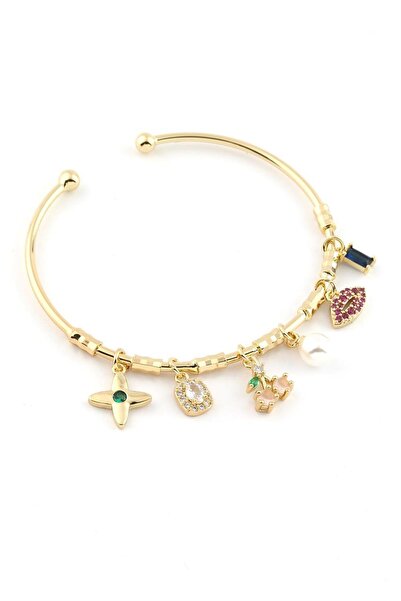 ÖZÇTAKI Stainless Steel Gold Charm Detailed Half Bracelet Bangle