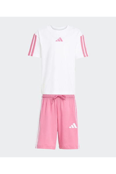 adidas طقم تي شيرت قطني أساسي بأكمام نصفية وشورت - وردي/أبيض