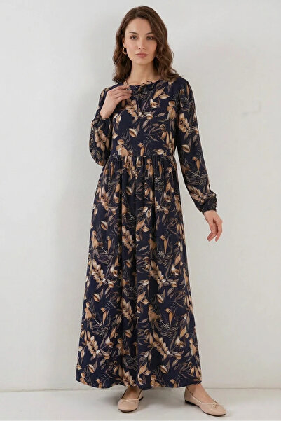 buğrahayalin Women's V-Neck Gathered Waist Floral Patterned Viscose Blue Dress
