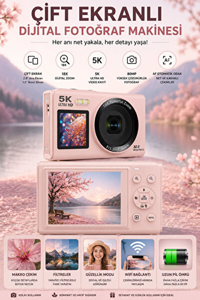 ROBEVE 5K Ultra HD Dijital Fotoğraf Makinesi Çift Ekranlı 80MP Kamera 18X Dij...