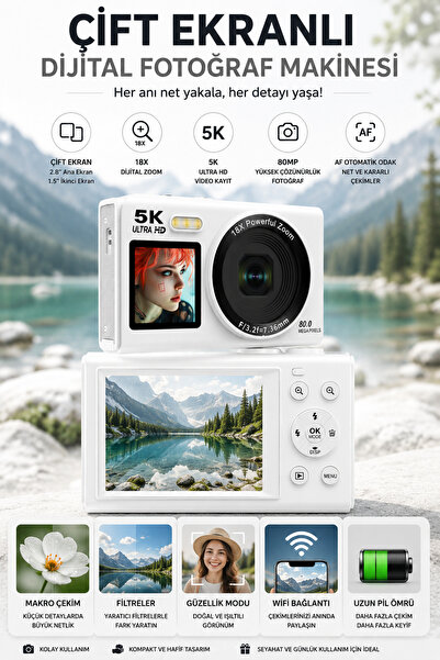 ROBEVE 5K Ultra HD Dijital Fotoğraf Makinesi Çift Ekranlı 80MP Kamera 18X Dij...