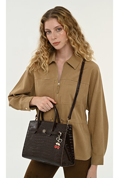 Pierre Cardin Brown Croco Patterned Women's Hand and Shoulder Bag - Stylish B...