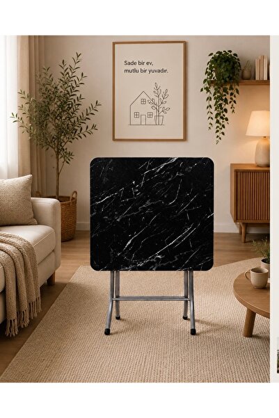 marpas Siyah Mermer Desenli Katlanır Masa 60x60 MDF Balkon Bahçe Masası