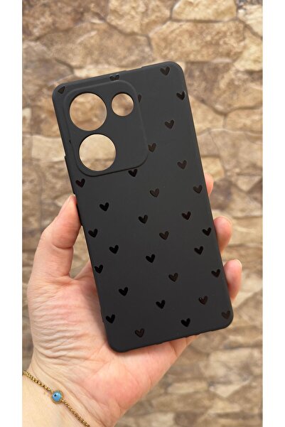 Vip Case TECNO CAMON 20 PRO Uyumlu Mini Siyah Kalp Desenli Silikon Darbe Emic...