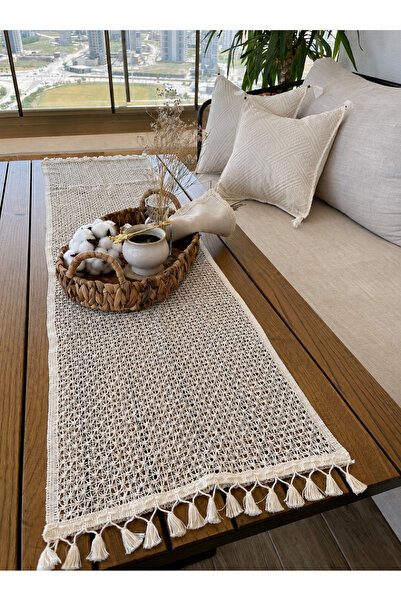 SEVHOME CONCEPT Bohem Tarz Pamuklu Tül Dantel Örgü Runner - 35x140 cm - Krem