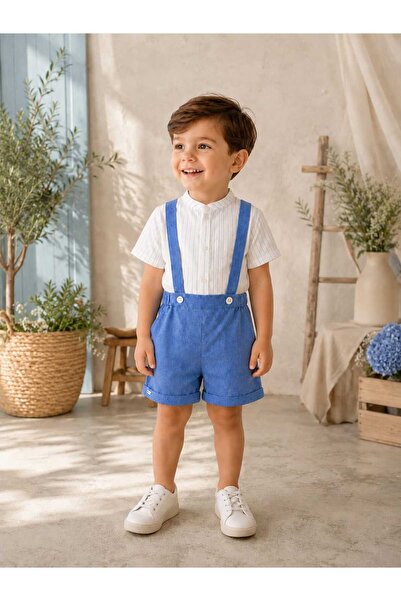 İNDİGO Baby Boy Striped Shirt and Suspender Shorts Set