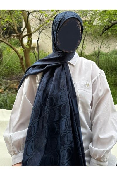 shalby Hijab Cotton Soft Textured Big Loop Pattern Jacquard Shawl Navy Blue