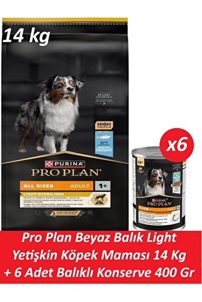 Pro Plan Beyaz Balık Light Yetişkin Köpek Maması 14 Kg + 6 Adet Balıklı Konse...