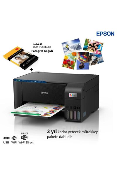 EPSON EcoTank Kablosuz Renkli Tanklı Yazıcı Fotokopi Tarayıcı Özellikli Wi-Fi...