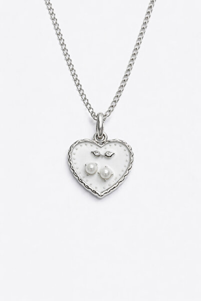 MakeWell Zircon Stone Heart Pendant with Pink Bow Detail Silver Color Stylish...