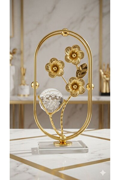 ALRASHED Kristal Küre ve Kristal Tabanlı Lüks Metal Çiçek Dekoru – Gold Moder...