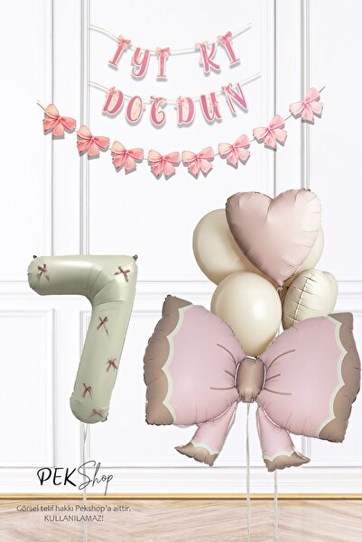 PEKSHOP 7 Years Old Retro Pink Bow Theme Luxury Birthday Balloon Set with Pin...