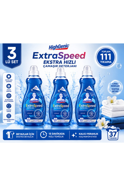 Highgenic ExtraSpeed Beyazlar İçin 3’lü Sıvı Çamaşır Deterjanı Seti 111 Yıkama