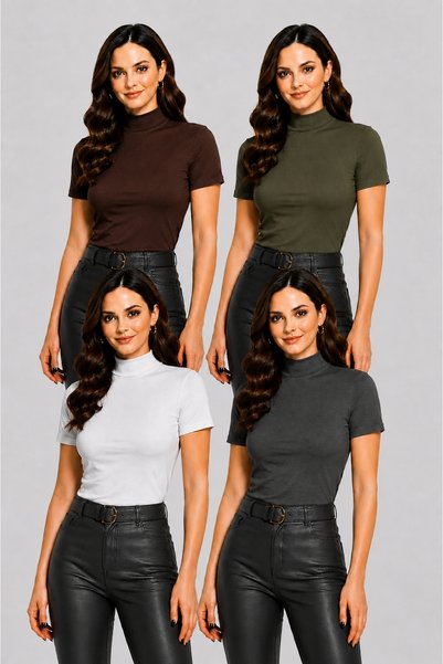 MRT STORE Women's 4-Piece Half Turtleneck Badi Short Sleeve Lycra Basic Bodysuit