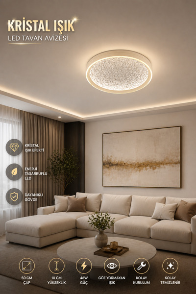 Elvora Home Modern (PREMİUM) Kristal Efektli LED Tavan Avizesi Dekoratif Salo...