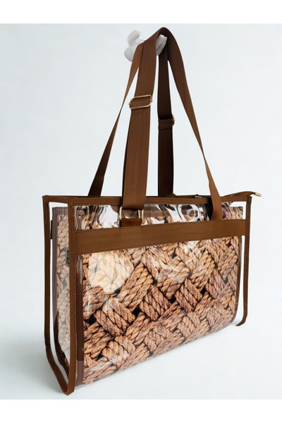 MORA BAG Şeffaf Çantalı Taşıma Çantası Hasır Desen/ Mocha Kahve