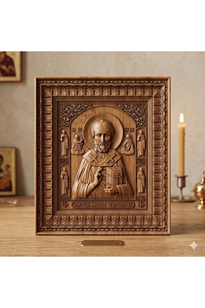 OEM Icoană sculptată în lemn masiv de stejar – Sfântul Ierarh Nicolae – 30 x ...