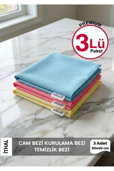 Ellesill Ithal 3'lü Premium Mikrofiber Cam Bezi ve Ayna Bezi 50x40cm