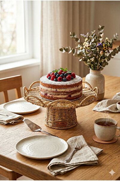 Homerest Doğal Hasır Rattan Ayaklı Pasta Sunumluğu 25x12 cm - El Yapımı Bohem...
