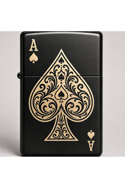 TamgaCrafts Maça Ası Desenli Siyah Metal Çakmak Açık Bronz Lazer Kazıma Poker...