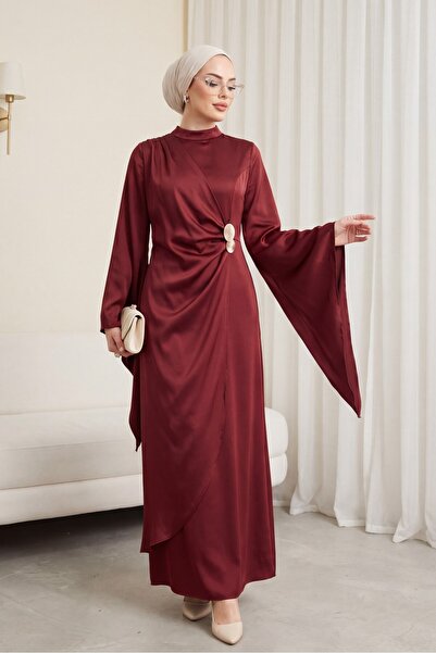 Modamorfo Buckle Detailed Double Layered Asymmetrical Sleeve Satin Evening Dr...