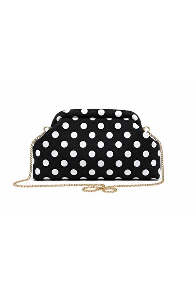 H&D COLLECTİON Siyah Beyaz Puantiye Detaylı Kumaş Çanta EN 32 BOY 17 CM