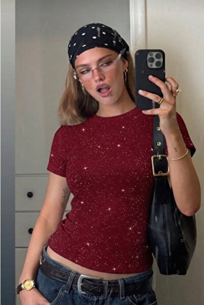 ciel moda ışıltılı simli kısa kollu kemer boy crop top